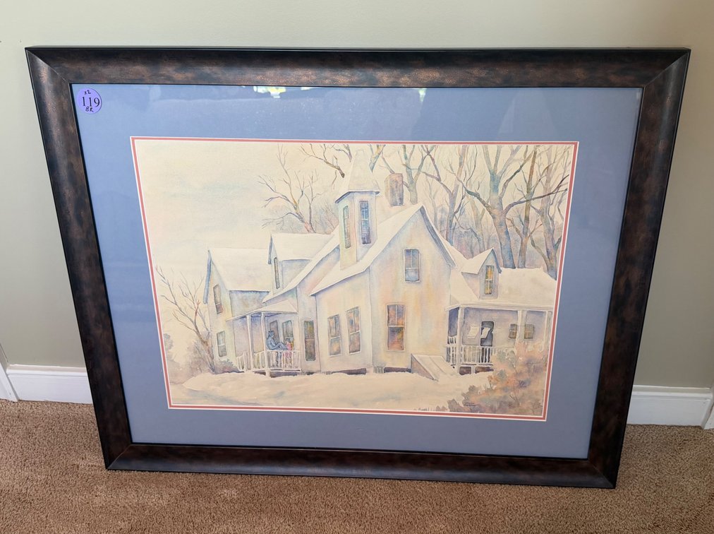 Framed white victorian style building, and a oil painting lot