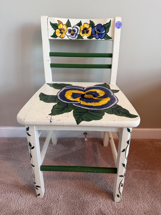 White wooden hand painted pansies chair