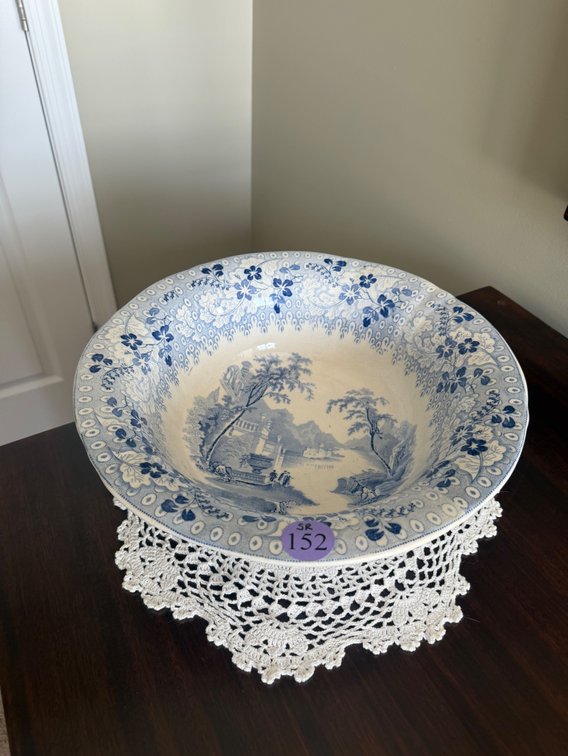 vintage blue and white ceramic  transferware large serving bowl printed “MARATHON” on the bottom