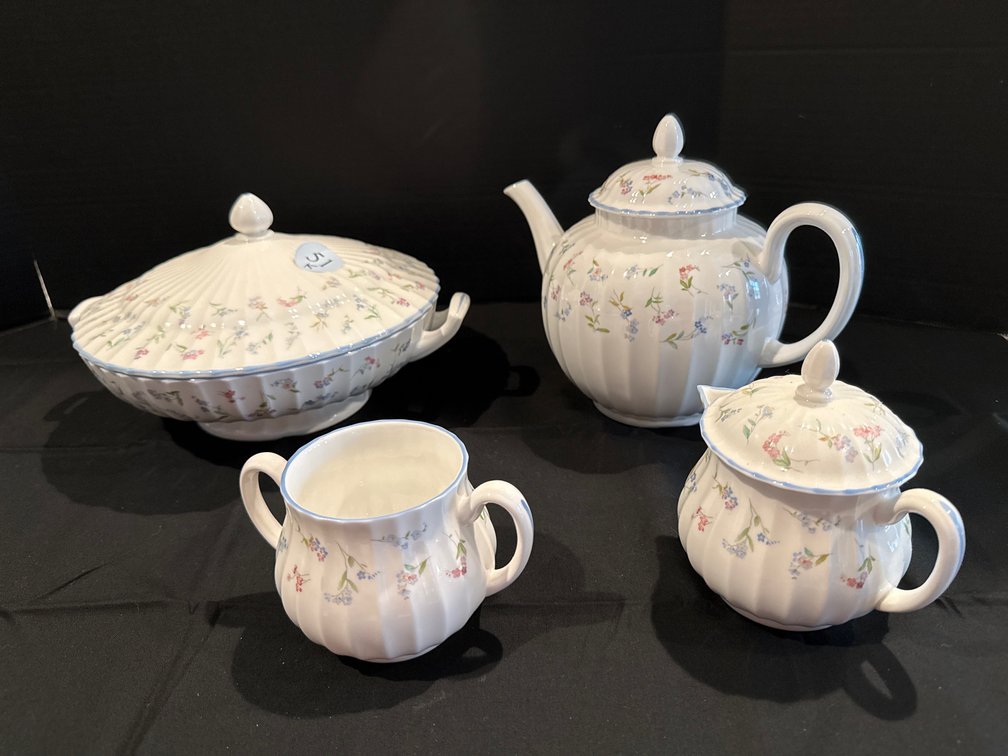 Royal Worcester “Forget Me Not” China: Lidded Vegetable Bowl, Tea Pot, Cream and Sugar