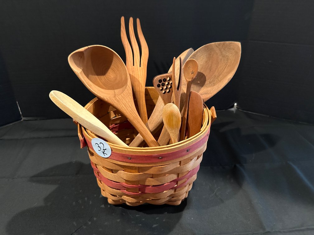 Longaberger 8” diameter Basket with Wooden Kitchen Implements