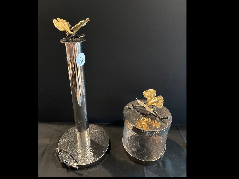 Chrome paper towel holder, chrome glass lidded jar