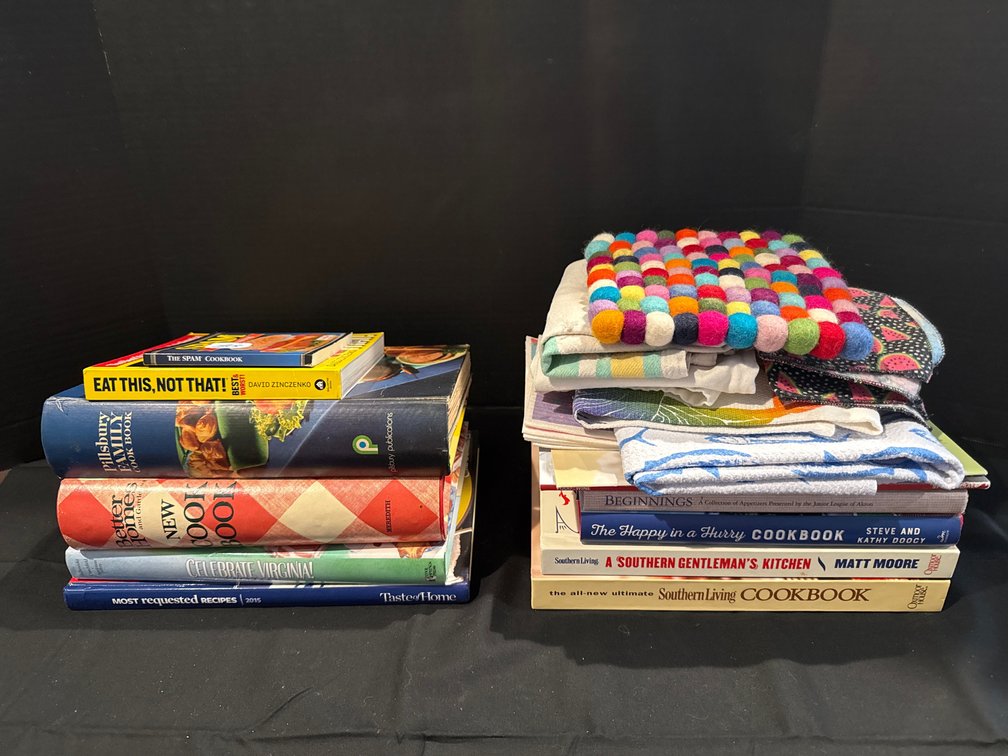 Assorted Cookbooks and Dish Towels
