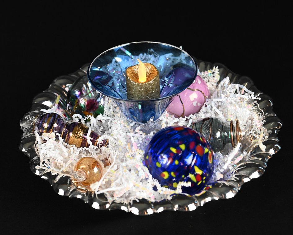 Six Hand Blown Glass Christmas Tree Ornaments with Irish Glass Goblet