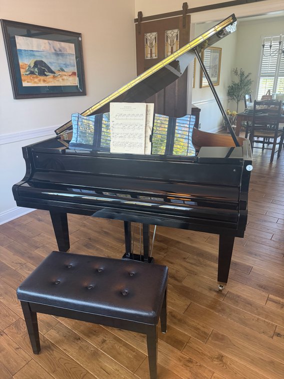 A polished ebony Tokai baby grand piano