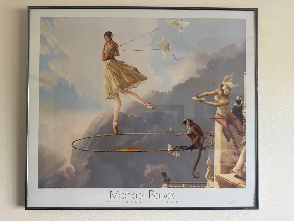 A framed artwork is a fine art print of "Tuesday's Child" (1982) by Michael Parkes