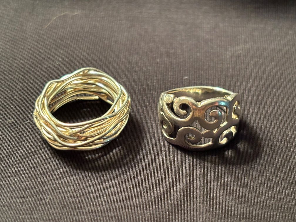 Silver rings, unmarked but probably sterling; 10g tw