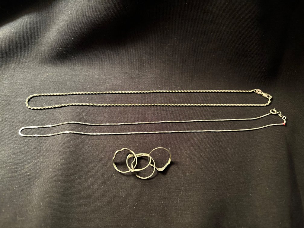 2 sterling chain necklaces; 18”; puzzle ring size 5