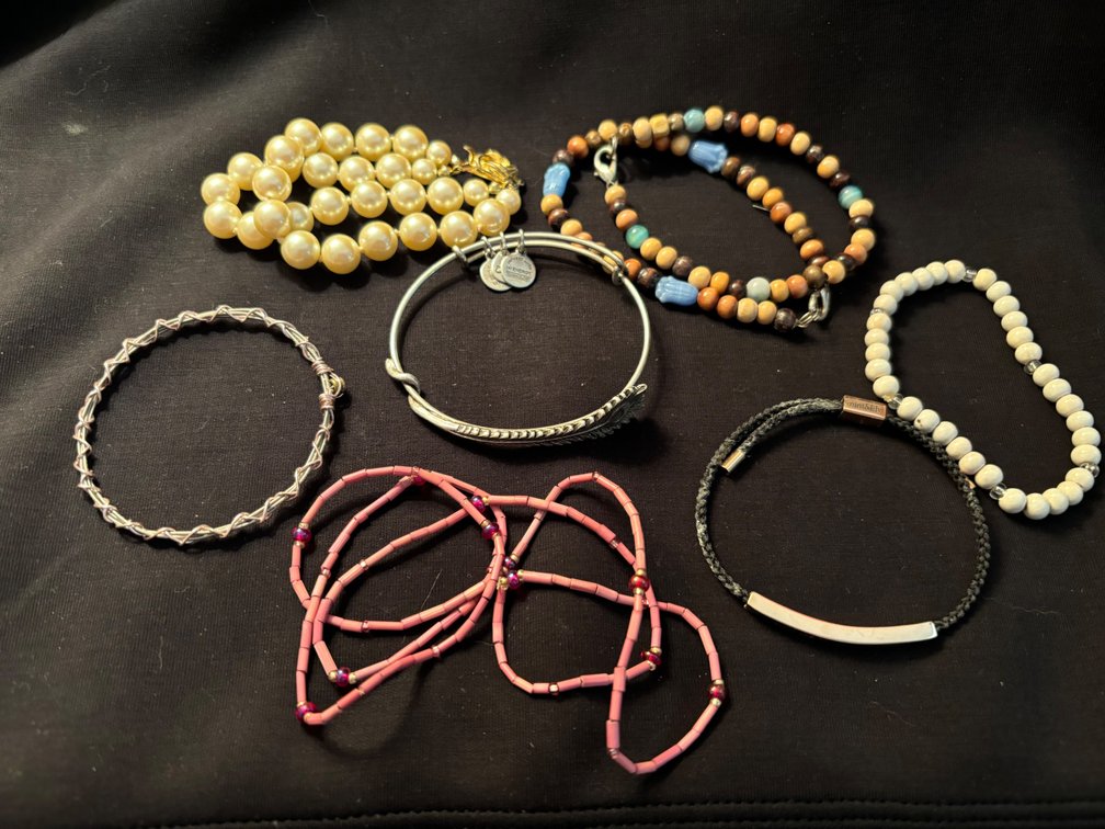 7 fashion jewelry bracelets and one beaded necklace
