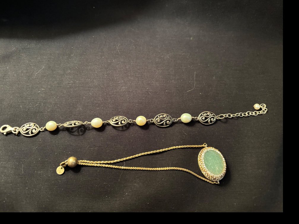 Sterling and pearl bracelet; sterling and druzy quartz bracelet