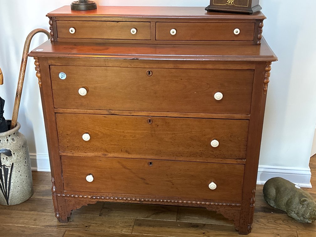 Antique 3 drawer chest with 2 glove boxes; ceramic pulls
