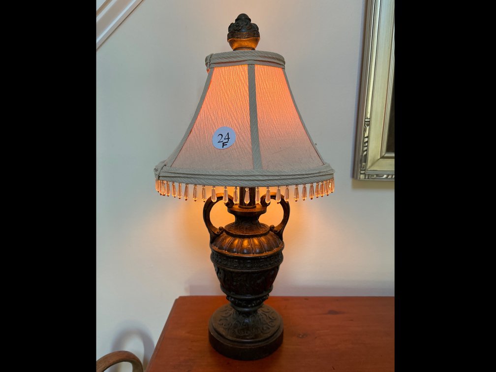Heavy composite lamp with fabric shade, beaded trim