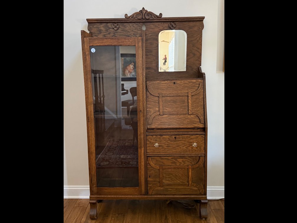 Carved Oak Bookcase with Drop-Front Secretary Desk
