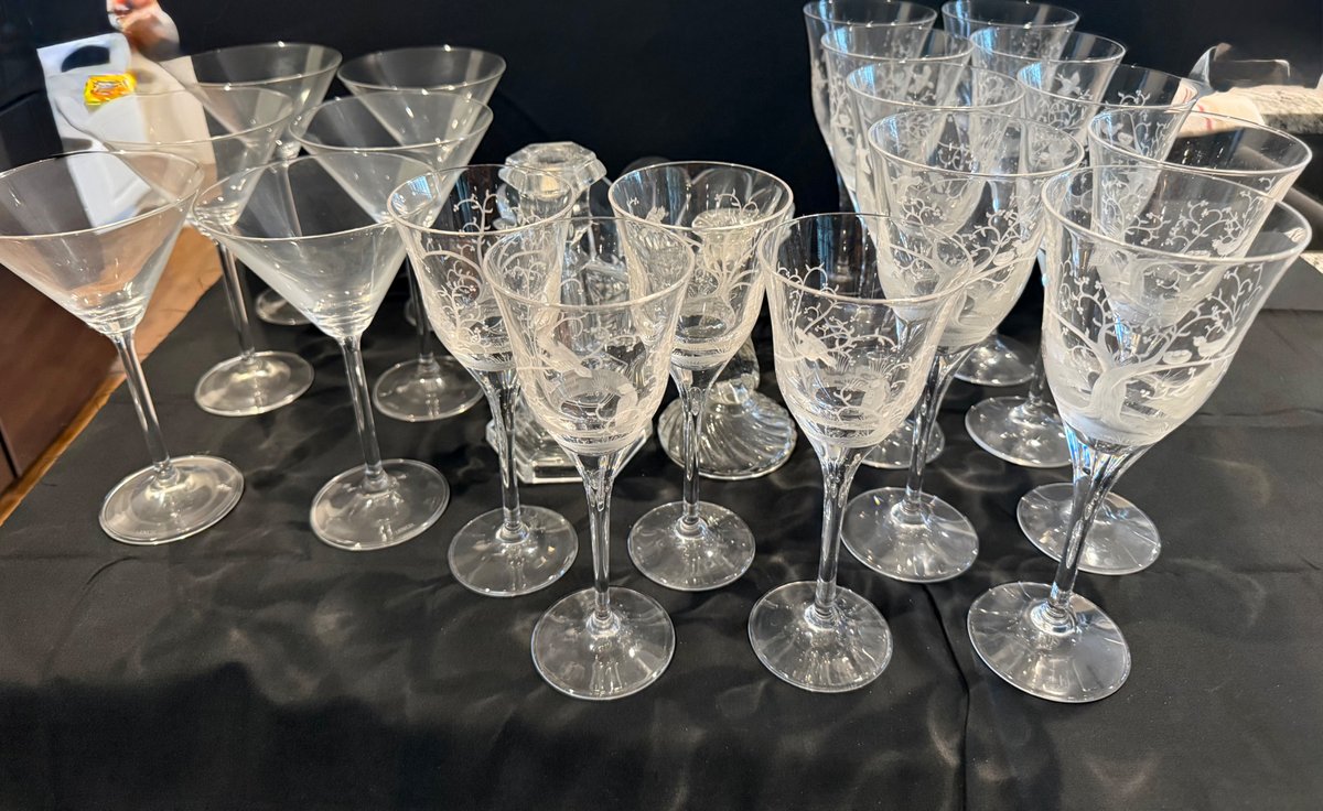 Lenox Crystal Martini Glasses(6), Beautifully Etched Crystal Water/Wine Glasses(13), Candlesticks and Bowl
