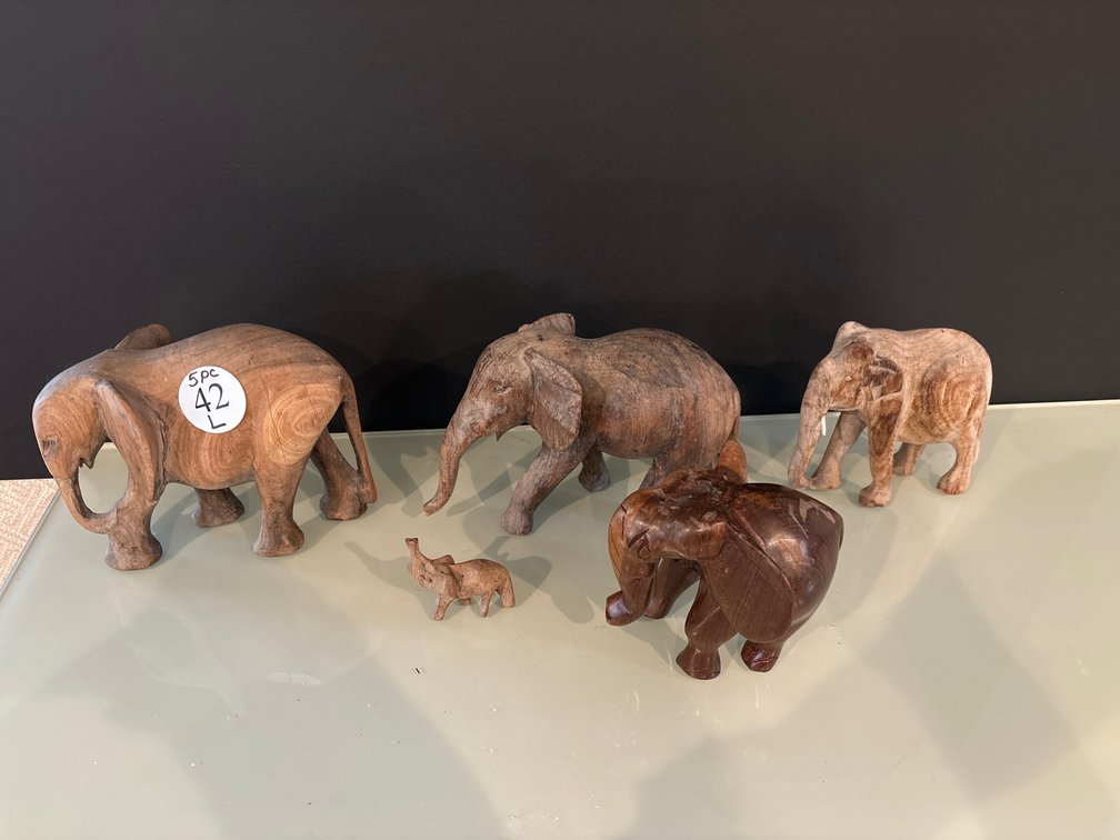 5 carved wooden elephants; tallest is 5”