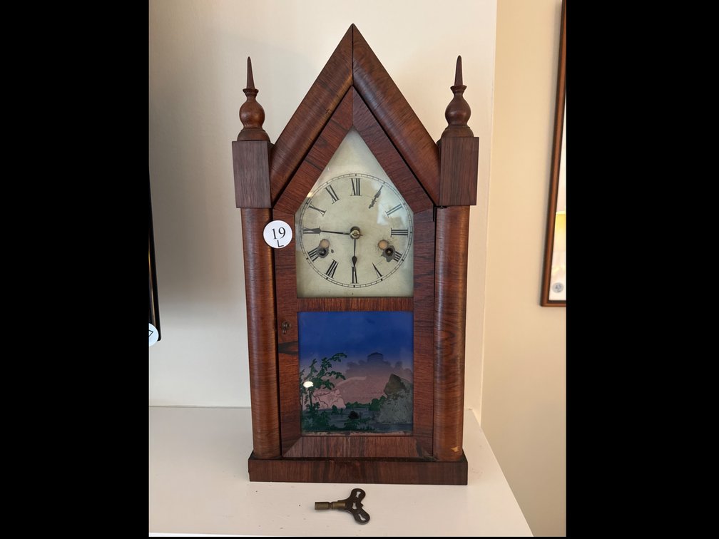 New Haven Clock Co. Gothic 8 day/30 hr Mantle Clock with Reverse Painting on Glass