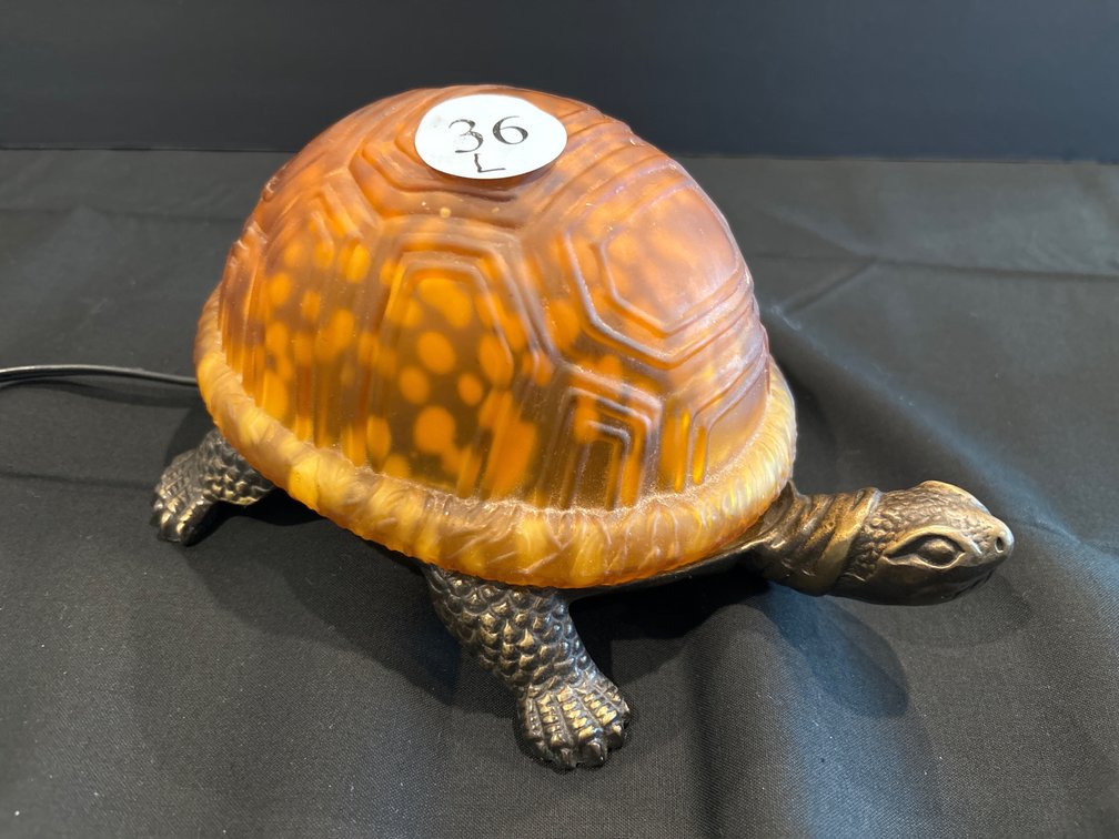 Metal turtle lamp with art glass shell; 9” long