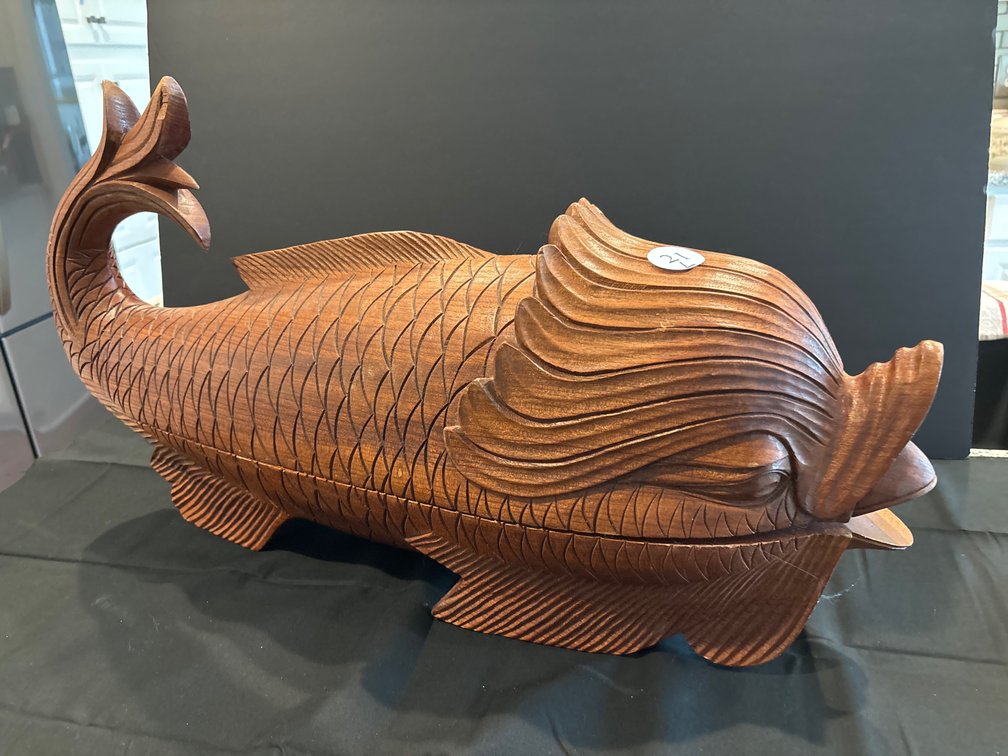 Carved wooden koi lidded box; 27” long