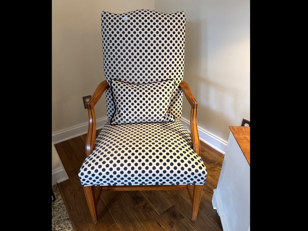 Upholstered High-back Armchair, blue and white polka dots