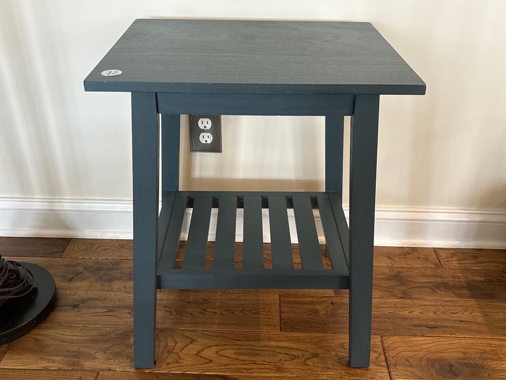 Blue painted wooden side table with shelf