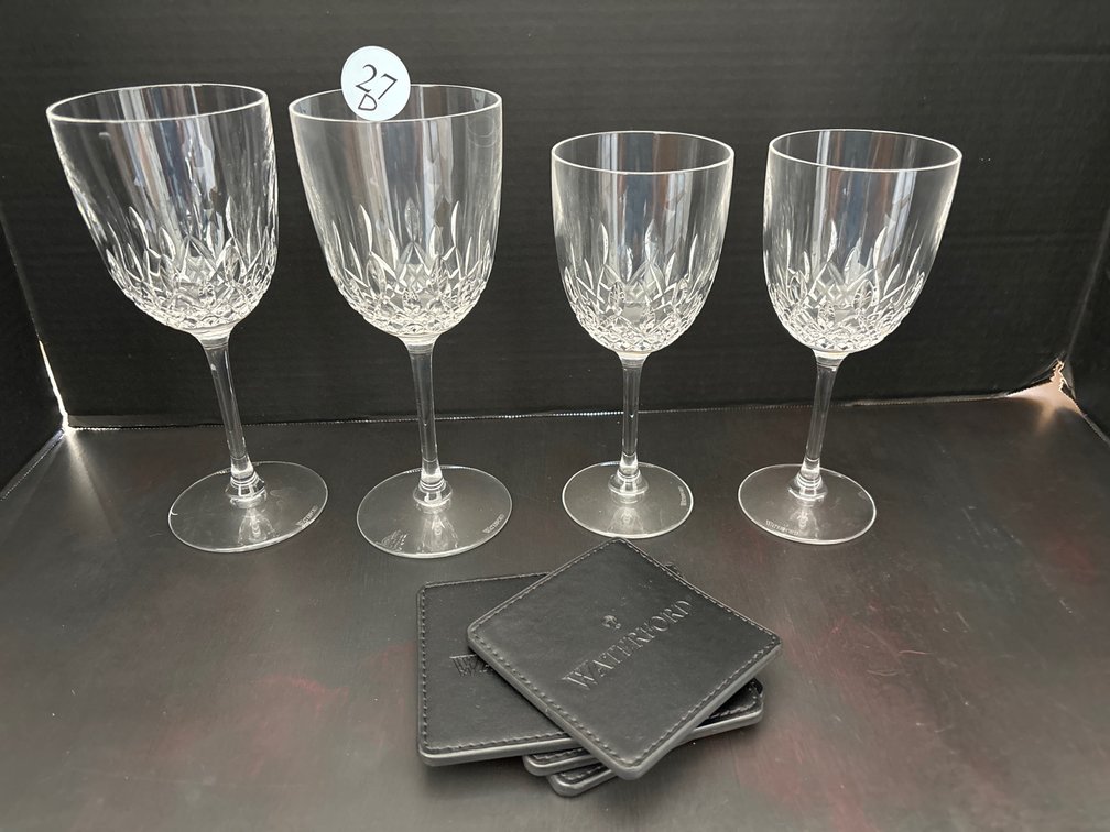 4 pcs of Waterford lead crystal stemware/leather Waterford coasters