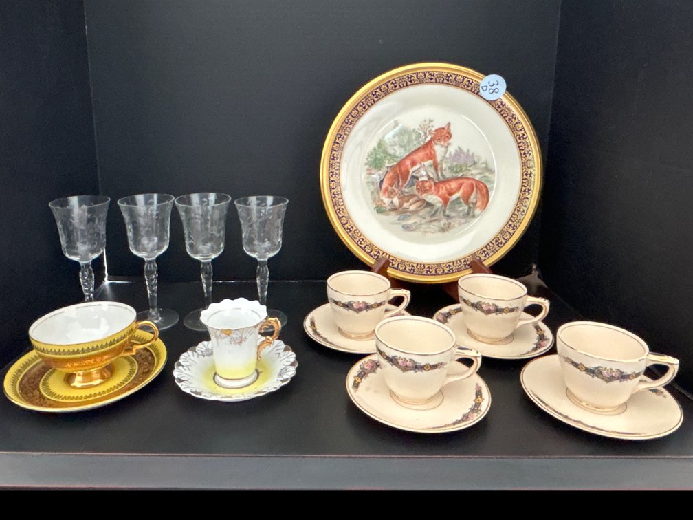 Lenox wildlife plate, etched cordials, demitasse, etc