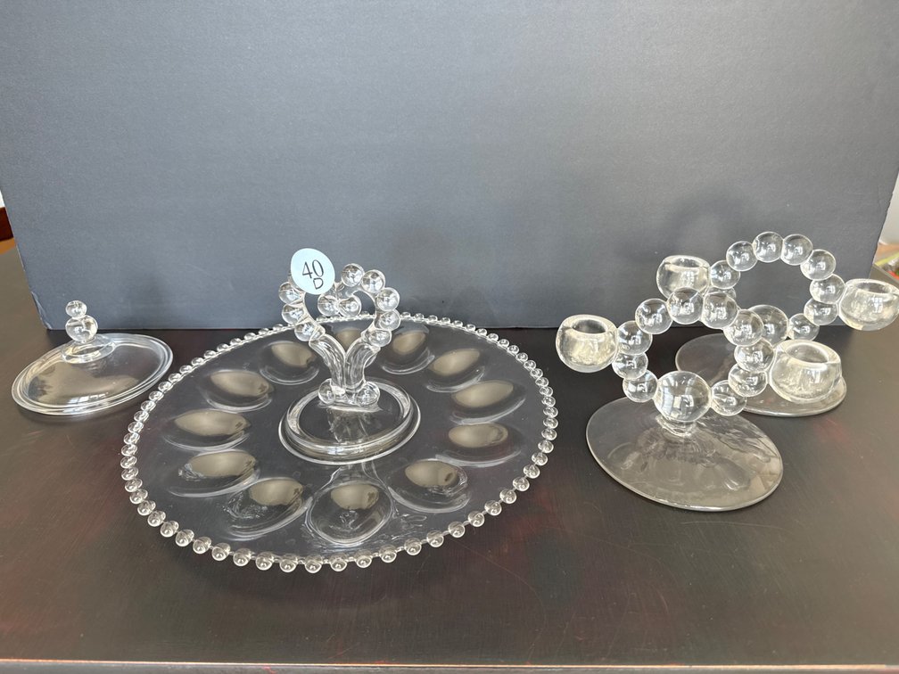 Imperial Glass “Candlewick” Deviled Egg, Candelabras and Top