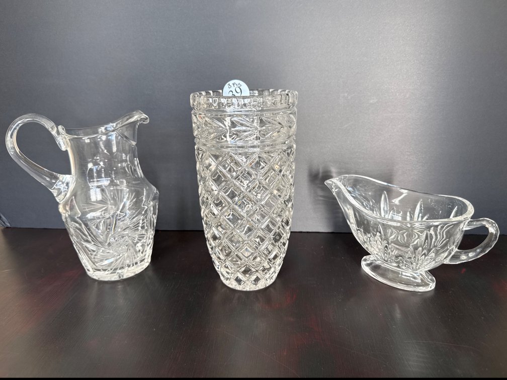 Lead Crystal Vase, Pitcher and Gravy Boat (unmarked)