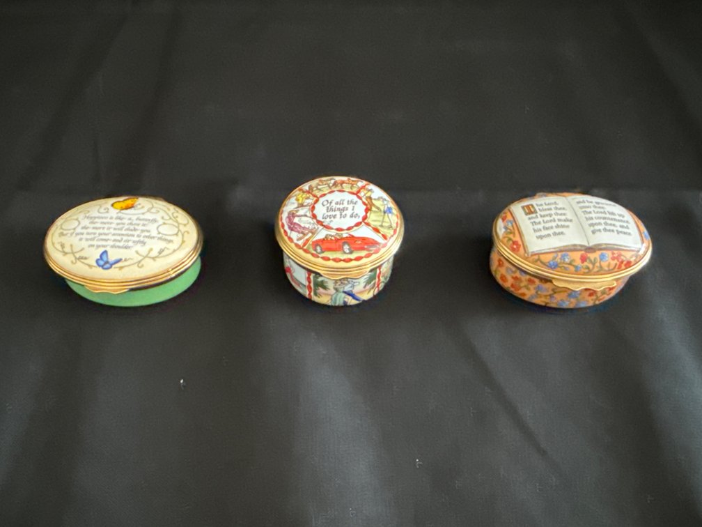Halcyon Days Enameled Trinket Boxes, 3pcs  Largest is 2”L