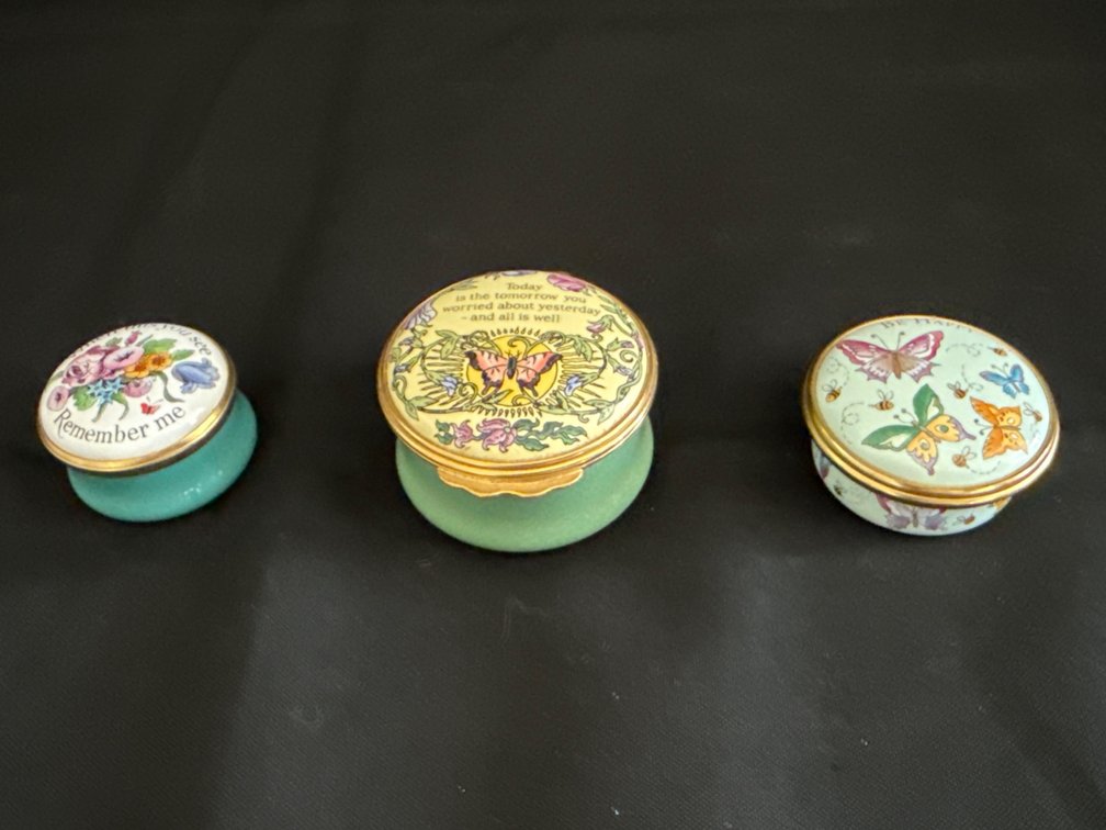 Halcyon Days Enameled Trinket Boxes - floral/butterfly themed, 3pcs