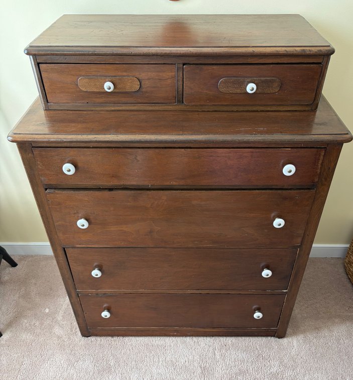 vintage tallboy wooden chest of drawers with white ceramic knobs and a smaller upper box section