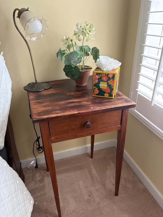 Antique 19th-century single-drawer nightstand, vintage gooseneck table lamp, etc