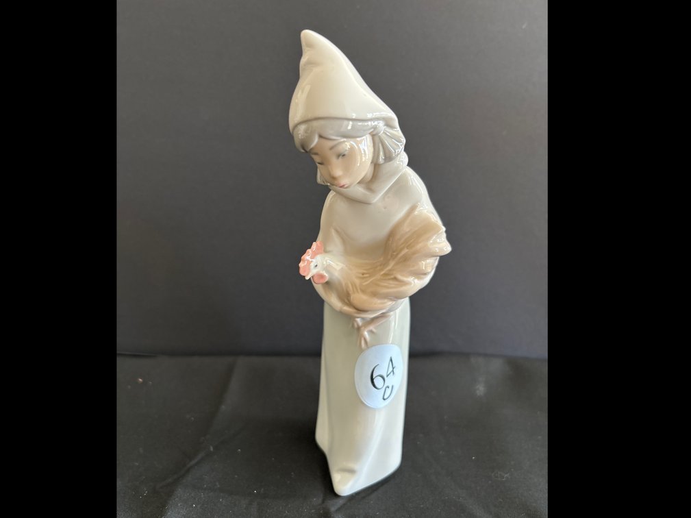 Lladro porcelain girl with chicken; 8” tall