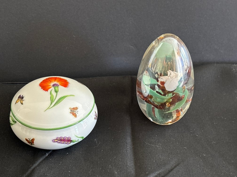 Limoges for Tiffany trinket box/ signed art glass paperweight