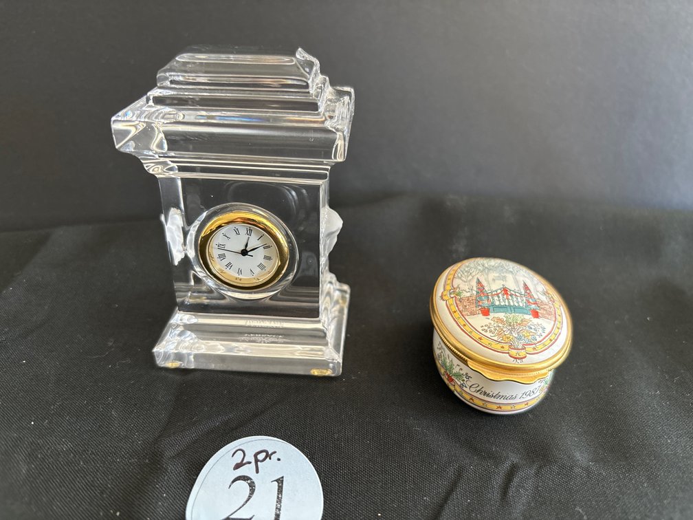 Crystal clock, Rosenthal for Versace/ enameled box, Gucci