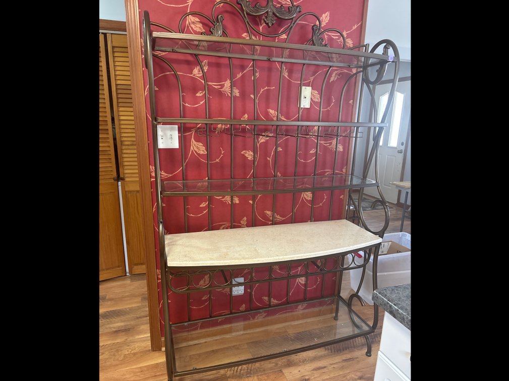Metal and glass baker’s rack; one faux marble shelf