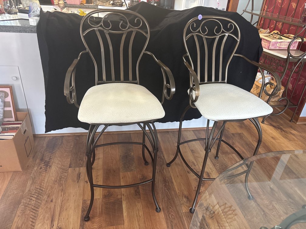Metal bar stools, cream upholstery; seat is 29” from floor
