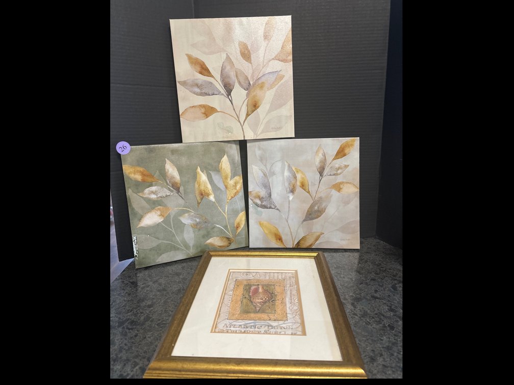 3 leaf prints on canvas/ shell print in gold frame