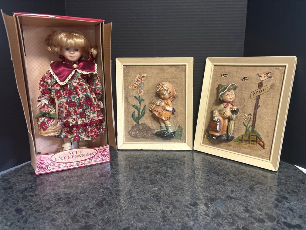 Collectible bisque doll/ 2 chalkware and cloth artworks