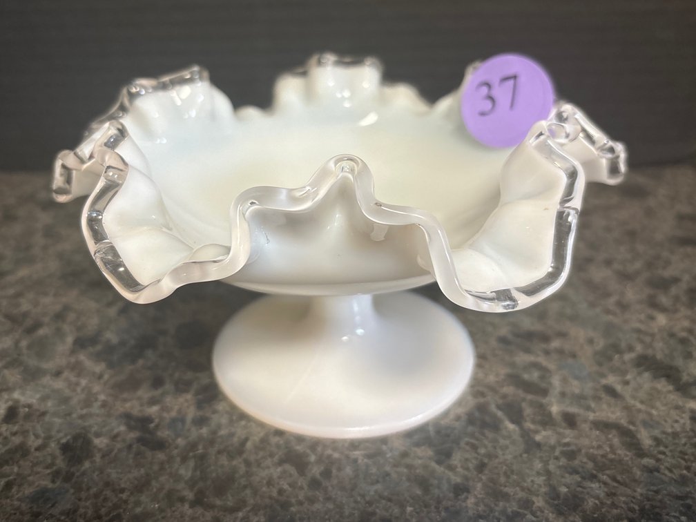 Vintage ruffled glass pedestal bowl; 7” in diameter