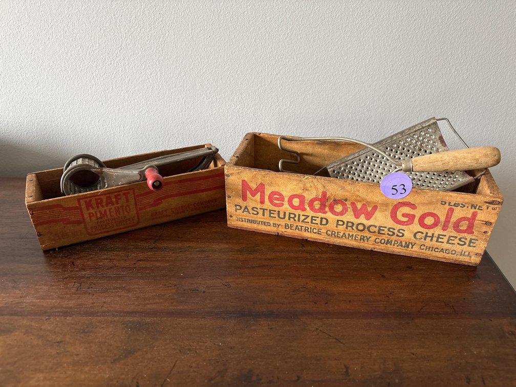 Vintage Cheese Boxes and Kitchen Utensils