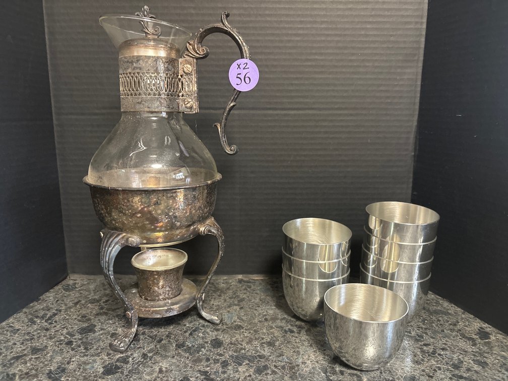 Silverplate and glass coffee urn w/ burner; 8 pewter Jefferson cups