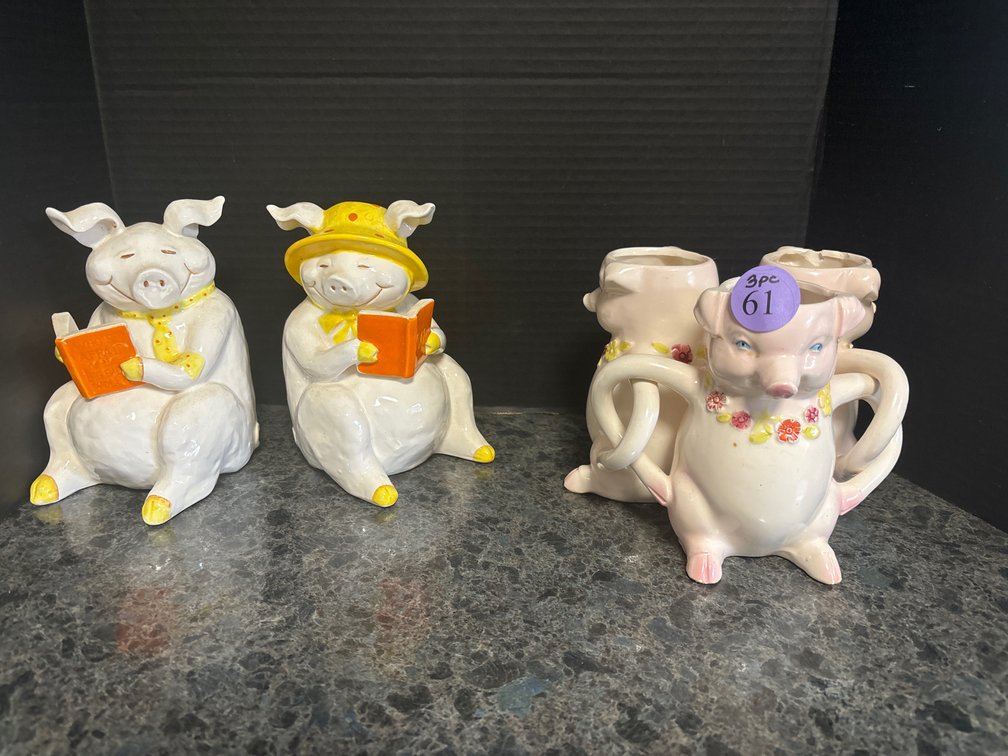 Fitz and Floyd ceramic pig bookends/pig triple vase