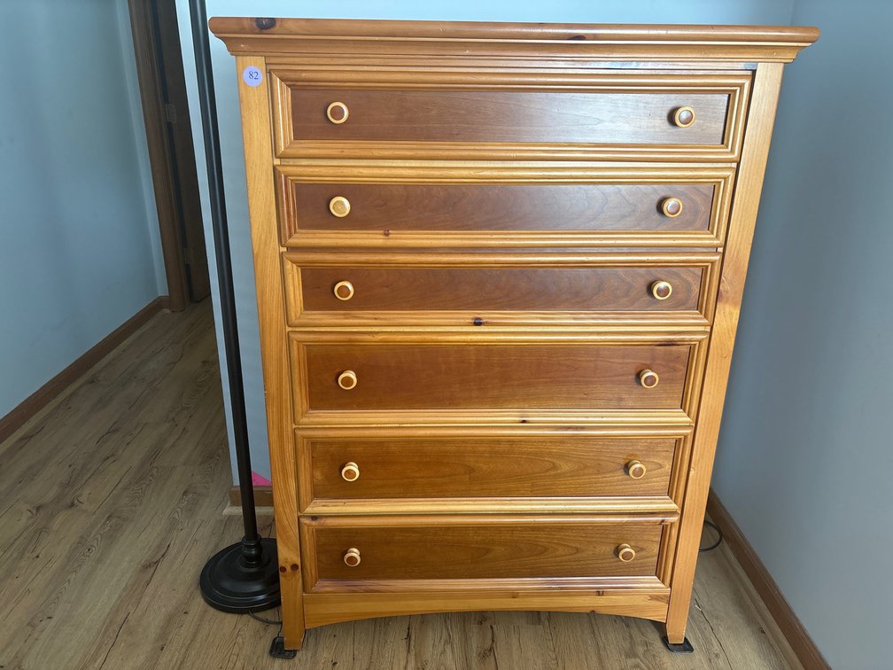 Two-tone pine high chest; 5 drawers