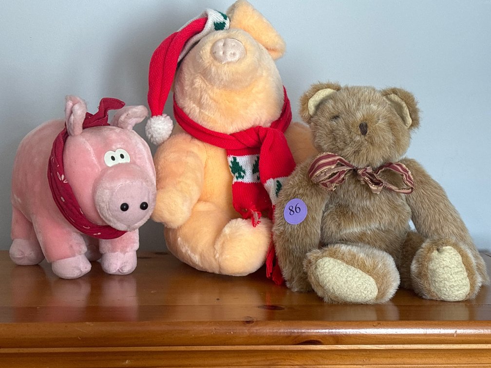 3 plush animals; 2 pigs; bear