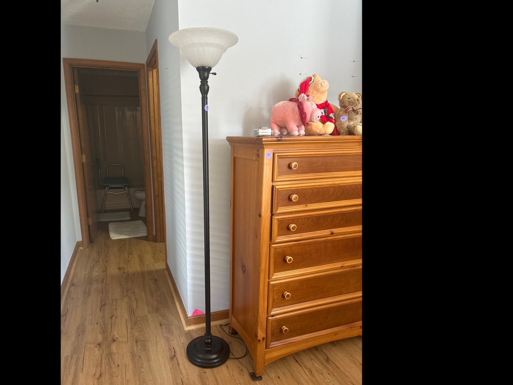 Metal floor lamp w/ frosted glass shade; 72” tall