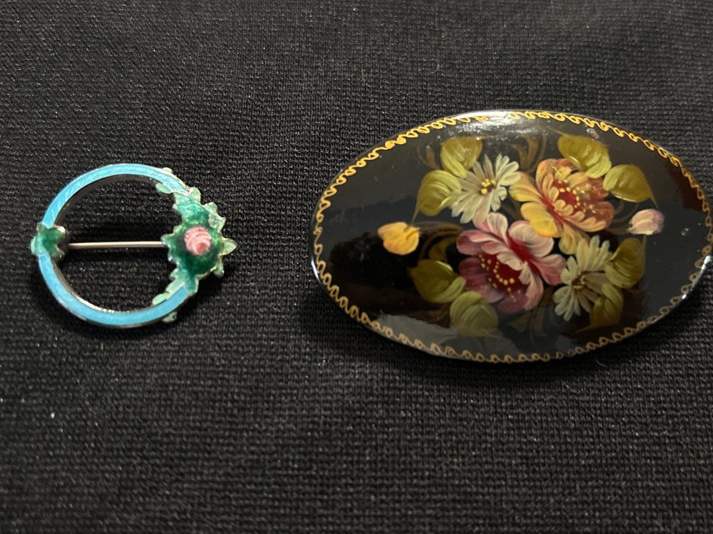 2 vintage brooches, one enameled; one hand painted