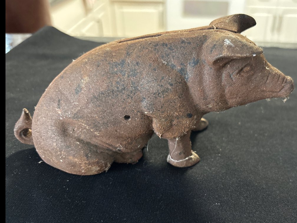 Cast iron pig bank, 7” long