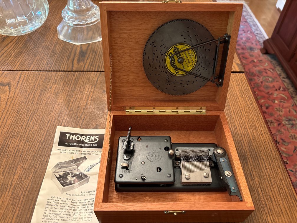 Thorens Automatic Disc music box; 7.5” x 6” x 3.5”