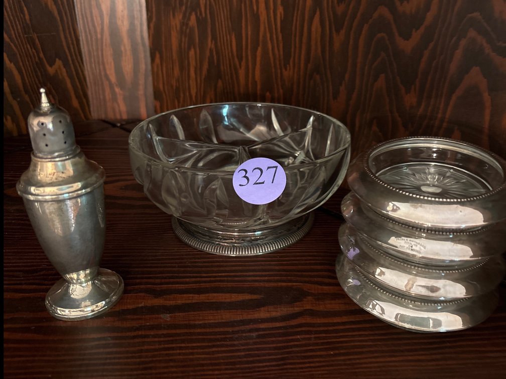 Crystal bowl w/ sterling base/sterling weighted shaker/crystal coasters w/sterling rim